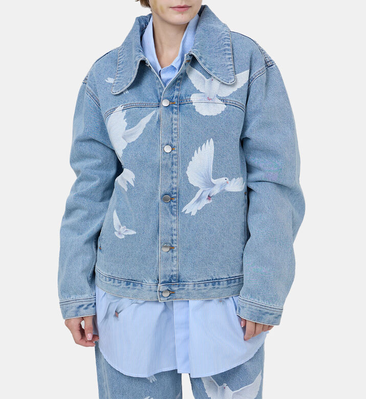 قميص فضفاض بدنيم مغسول بطبعة طيور