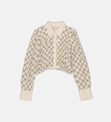 Poplin Bow-detail Geometric-print Blouse