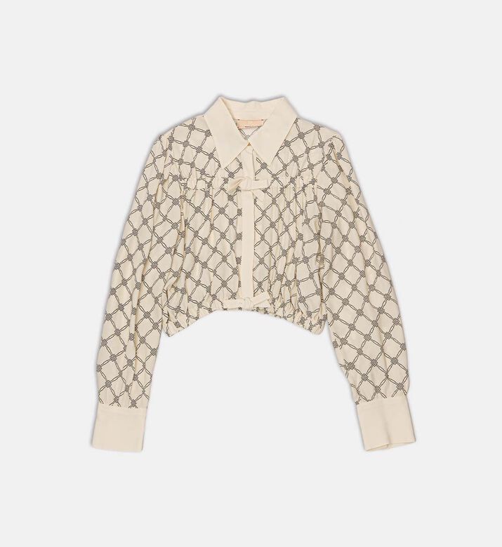 Poplin Bow-detail Geometric-print Blouse