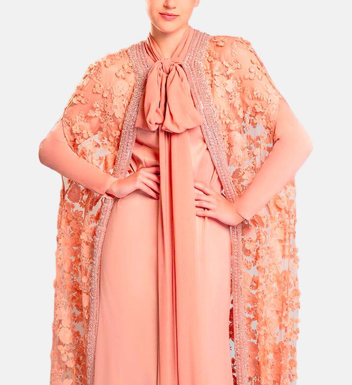 Michael Cinco Floral-embroidery Cape Flared Dress, Light-brown, Xl, Model View