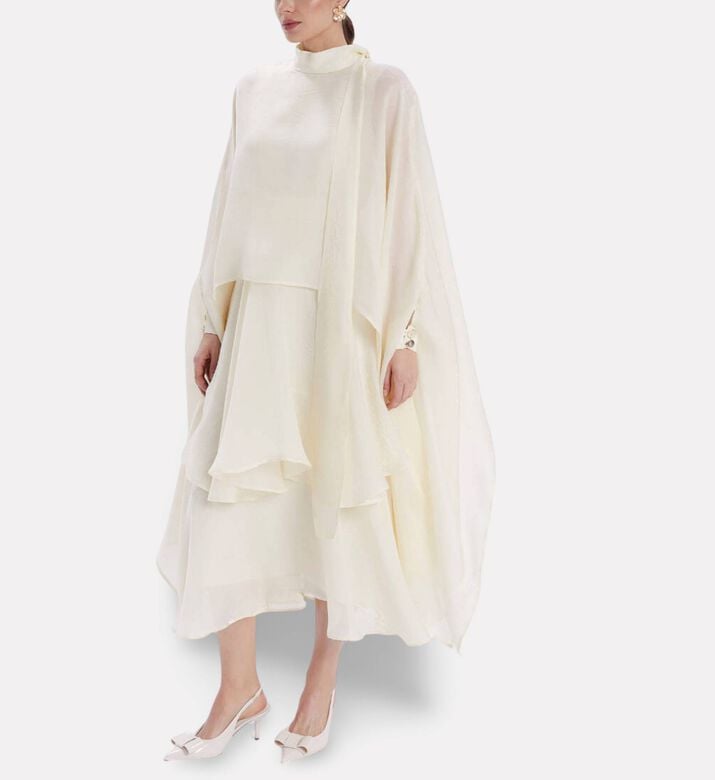 Poca and Poca Cape-style Sleeves Tiered Mini Dress, Model View