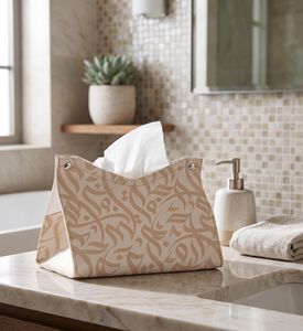 Silsal Calligraphy Leather Tissue Box, Beige, Model View