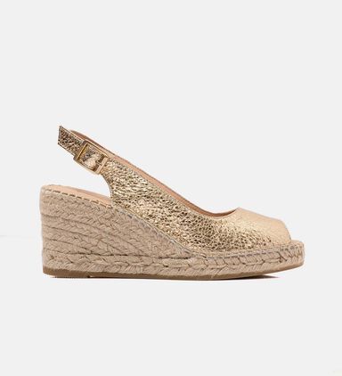 Gold Leather Peep Toe Wedge Sandals