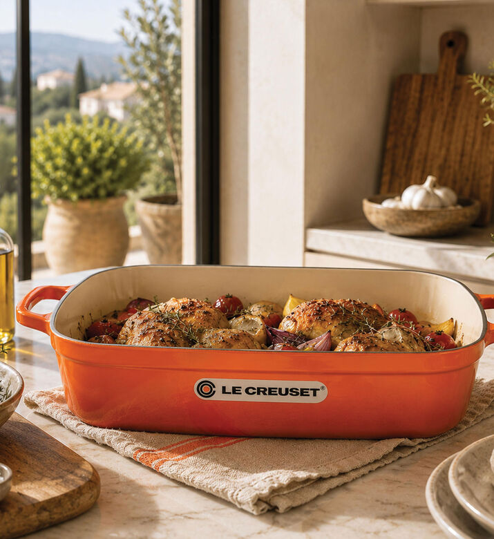 Le Creuset Cast Iron Rectangular Oven Dish, Orange, 37-cm, Packshot View