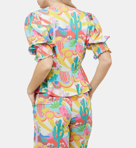 بلوزة بطبعة نخيل ربيعية برباط إغلاق