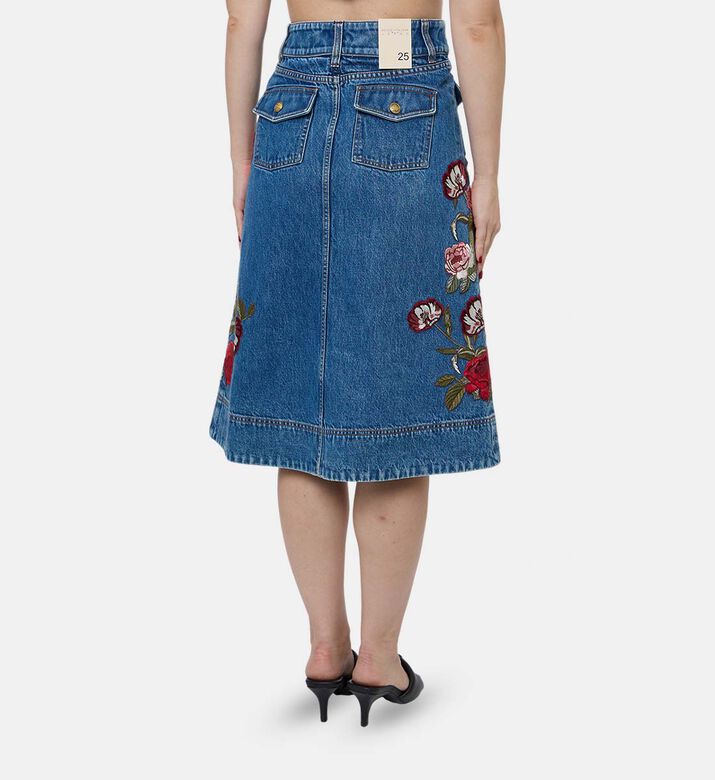 Alice and Olivia Floral-embroidery Denim Midi Skirt, Model View