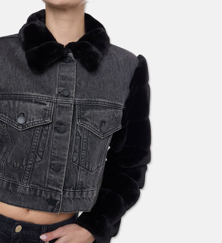 Alice and Olivia Faux Fur Long-sleeve Denim Jacket, Model View