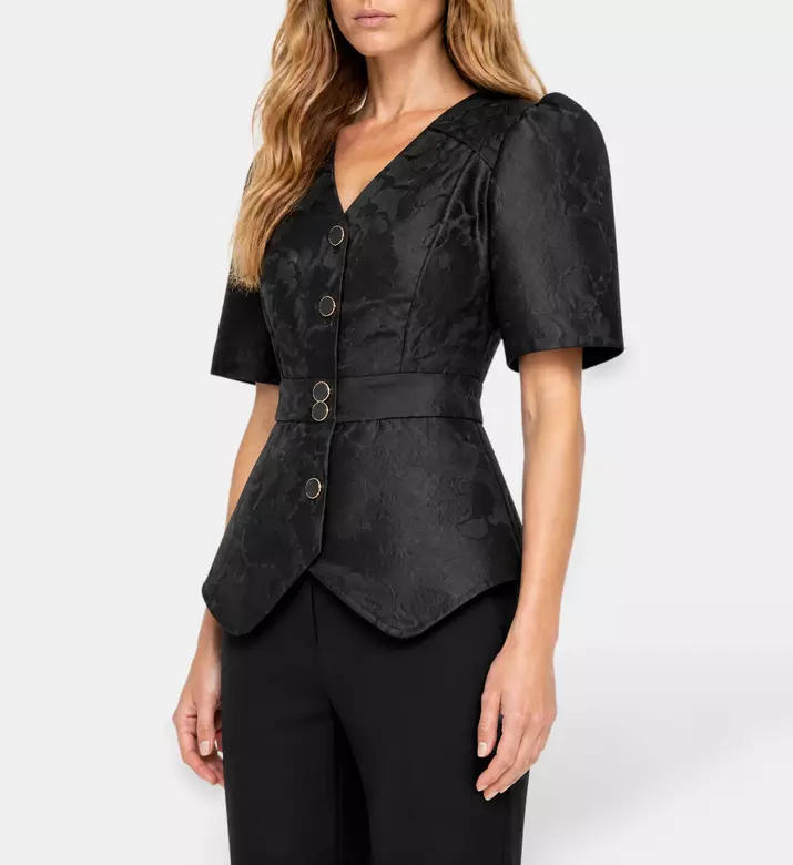 Poca and Poca Textured Short-sleeve Peplum Blouse, Model View