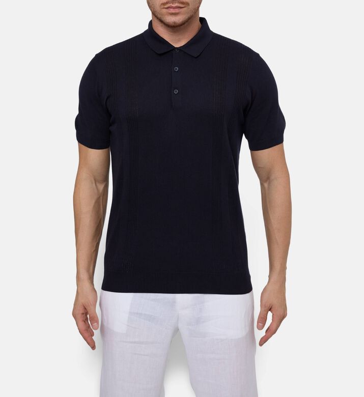 Corneliani Textured Cotton Knit Polo, Navy, 56, Model View