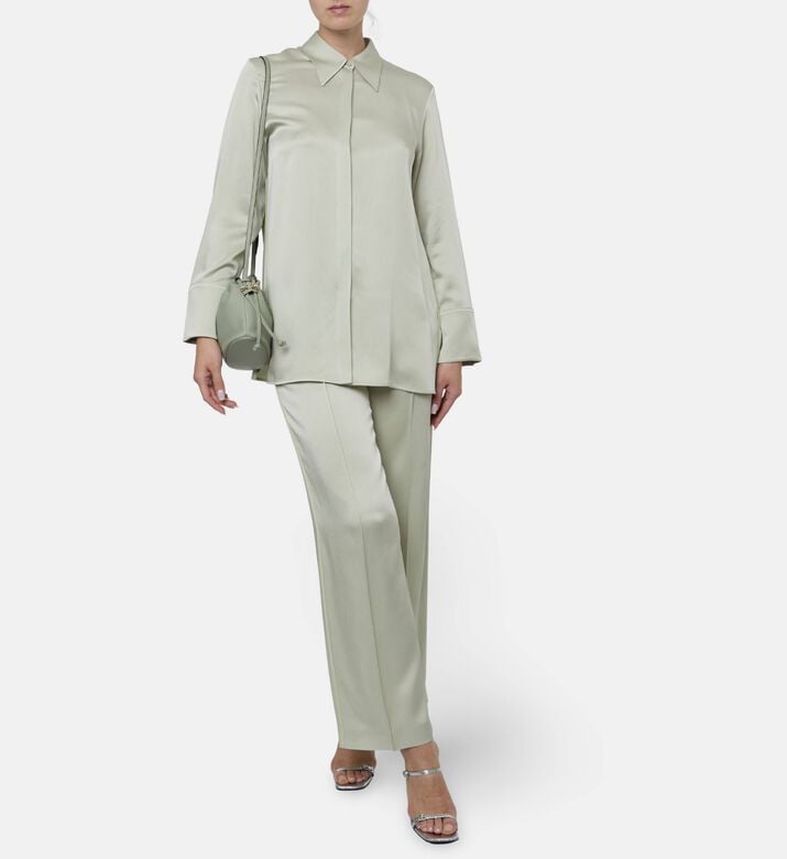 Jil Sander Sage Green Lustrous Satin Oversized Shirt, Model View