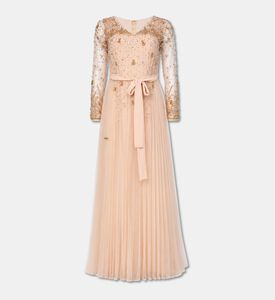 Suzy Matar Pleated Embellished Long-sleeve Gown, Peach, L, Packshot View