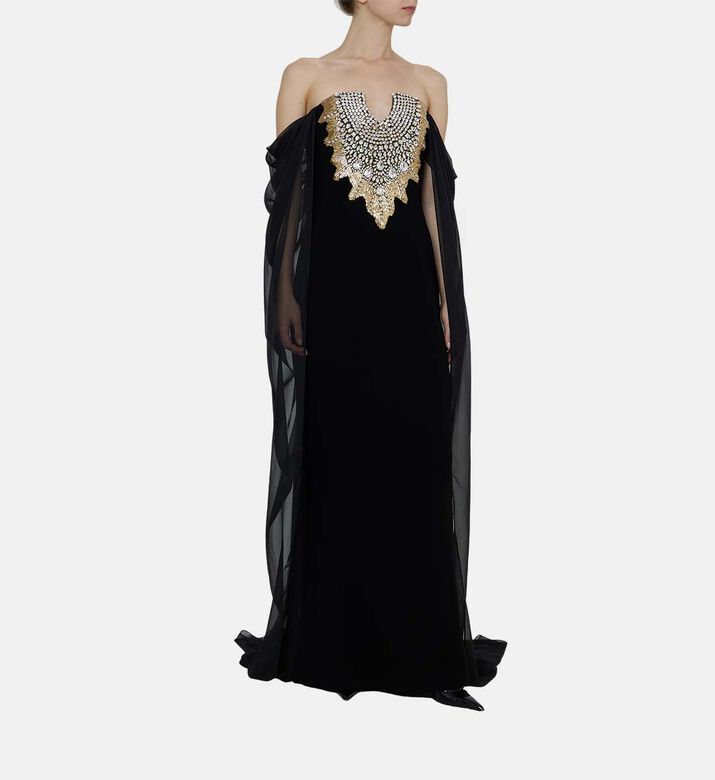 Sheer Draped Sleeves Flared Dress