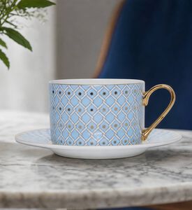 Imperial Gold Handle Blue Lattice Cylindrical Saucer Mug, Model View
