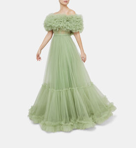 فستان تول بكورسيه مطرز بأحجار الخرز