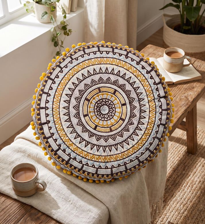 Home Deco and More Gaddi Embroidered Pompom Filled And Vaccumed Cushion, Mustard, 40x40-cm, Packshot View
