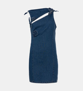 فستان دنيم قصير غير متماثل مزين بأزهار