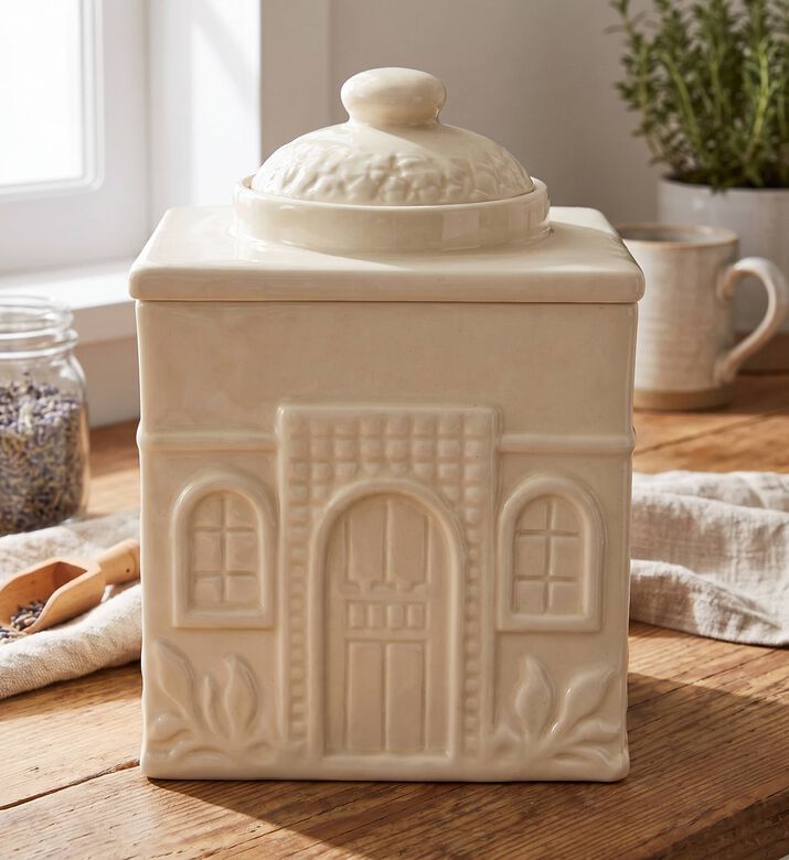 Tohfa Luxe Embossed Ceramic Storage Jar, Beige, Model View