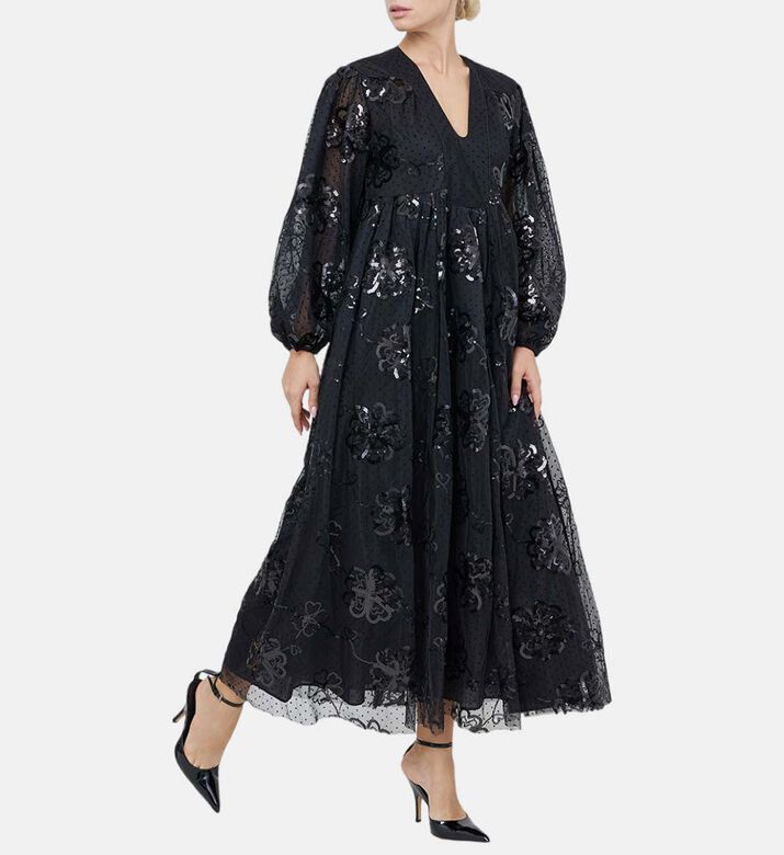 Tulle Floral-embroidery Maxi Dress