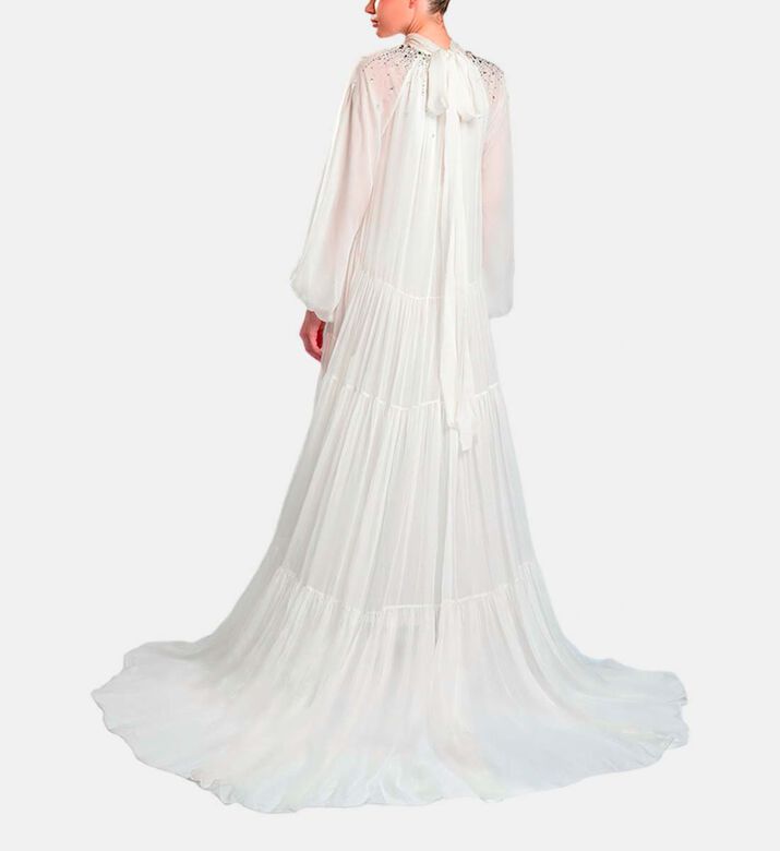 Michael Cinco Long-sleeve High Neck Flared Dress, White, Model View