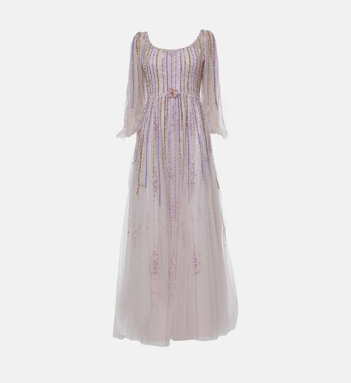 Beaded Floral Sheer Bell Sleeves Cloche Maxi Dress