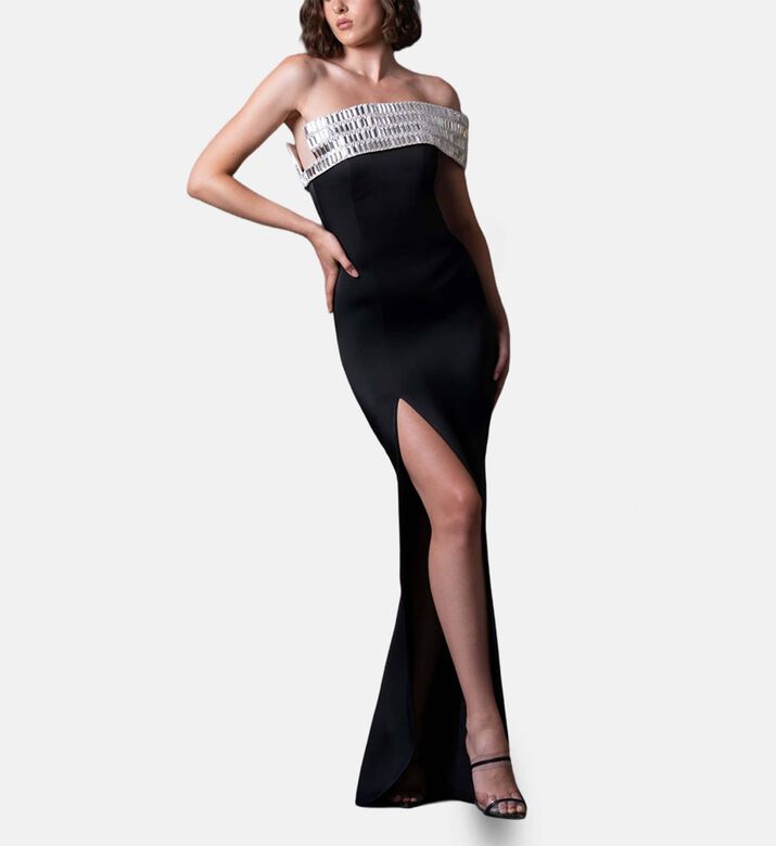 Jean Louis Sabaji Crystal-embellished Side Slit Gown, Model View