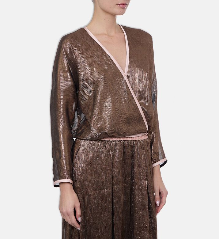 Forte-Forte Crinkled Lamé Kimono Wrap Top, Brown, L, Model View