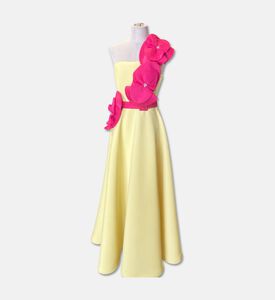 Savanna Trio Flower Appliqu&eacute; One-shoulder Maxi Dress, Yellow, L, Packshot View