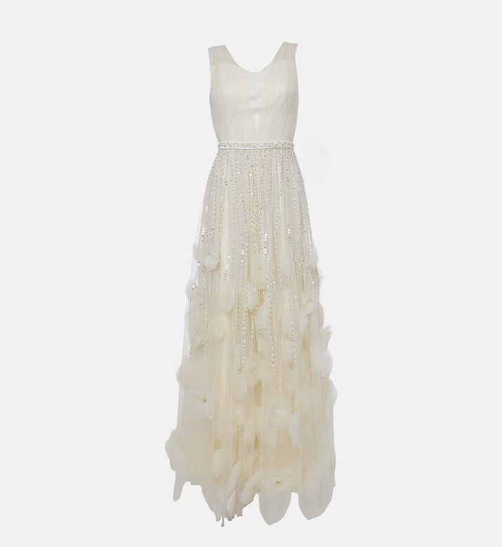 Beaded Floral Draped Cloche Maxi Dress