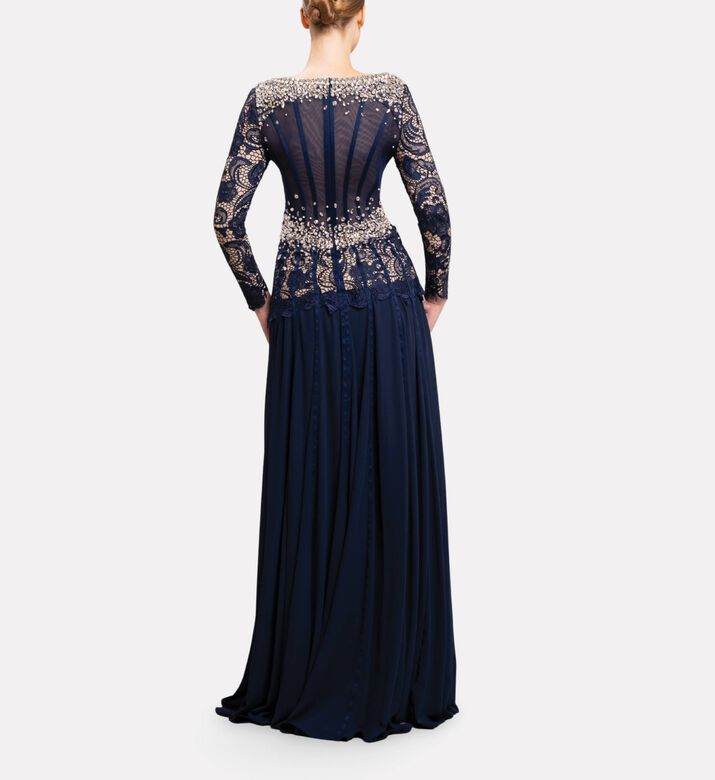 Michael Cinco Corset Lace Long Dress, Model View