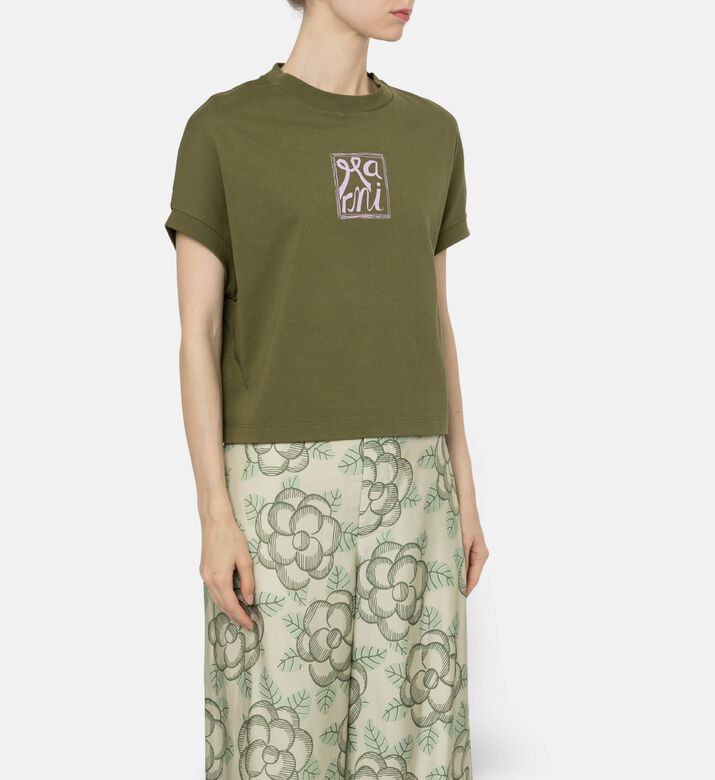 Marni Logo-print Puff Sleeve Top, Olive, 44, Model View
