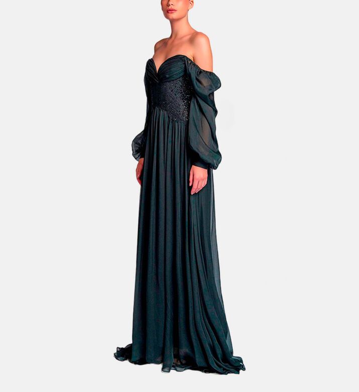 Michael Cinco Rhinestone-embellished Puff Sleeve Maxi Dress, Black, Xl, Model View
