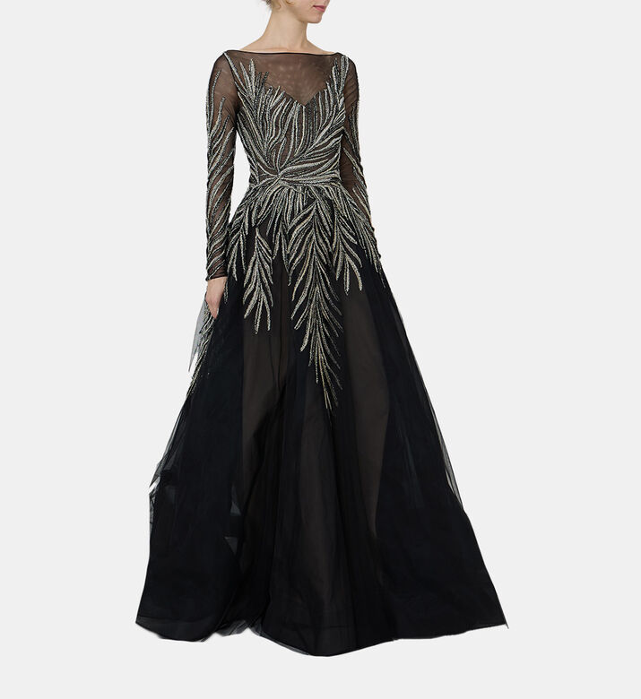 Leaves Sequins Flared Maxi Gown