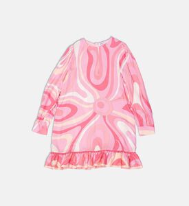 فستان طويل الأكمام بكشكشة وطبعة تجريدية