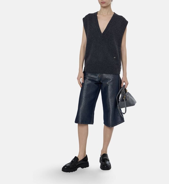 Ganni Metallic Contrast Stitching Wide-leg Shorts, Model View