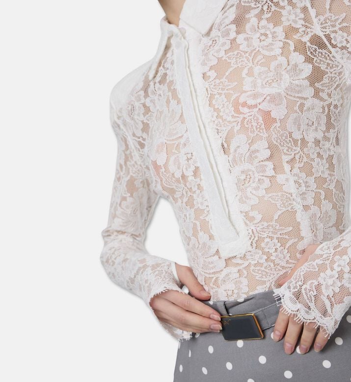 Rowen Rose Floral Lace Long-sleeve Polo Top, Model View