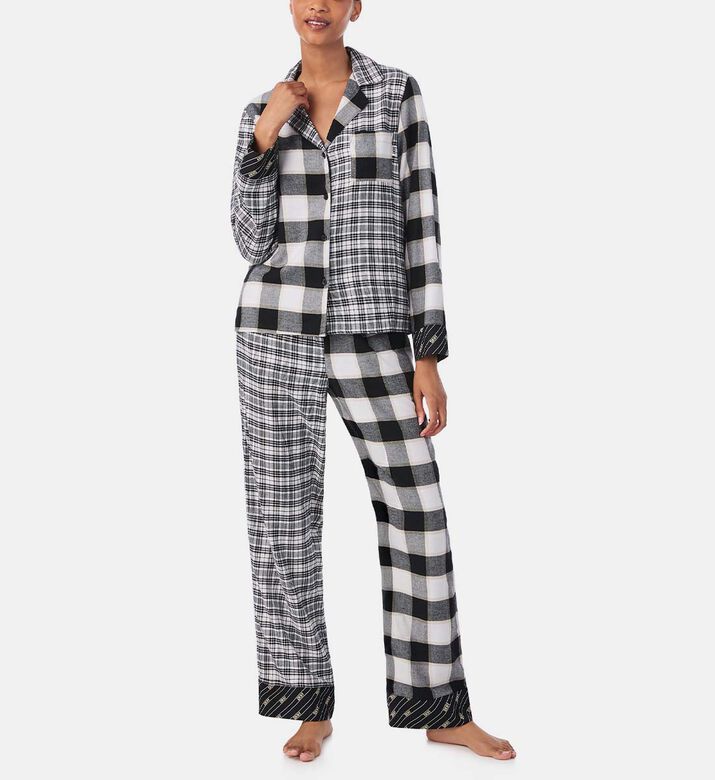 Button Front Notch Collar Long Pajama Set