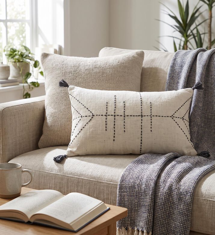 Home Deco and More Indigo Tasseled Edges Cushion, Off-white, 30x50x30-cm, Packshot View