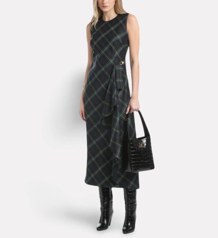Luisa Spagnoli Geco Gold Safety Pin Checkered Midi Dress, Model View