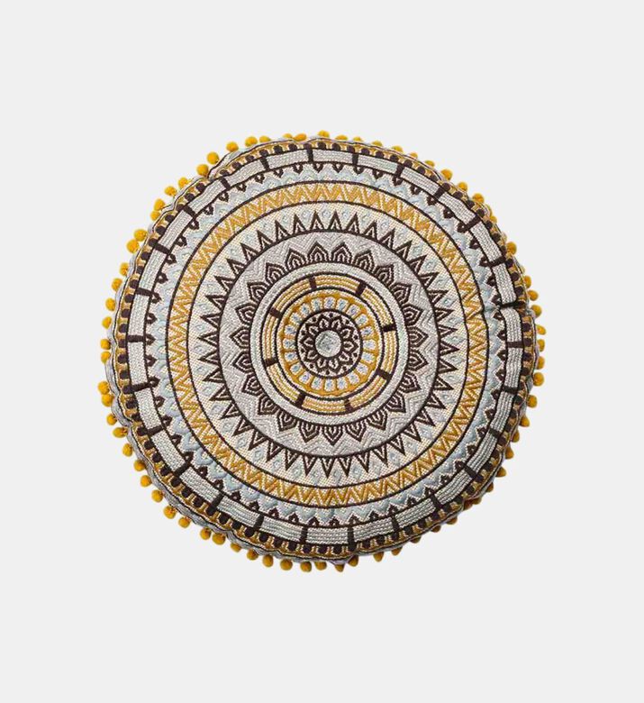 Home Deco and More Gaddi Embroidered Pompom Filled And Vaccumed Cushion, Mustard, 40x40-cm, Packshot View