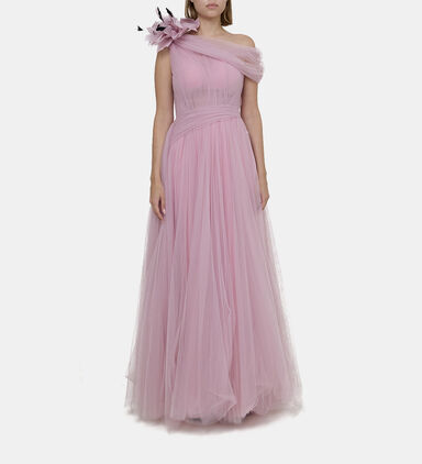 One Shoulder Flower-detailed Tulle Dress
