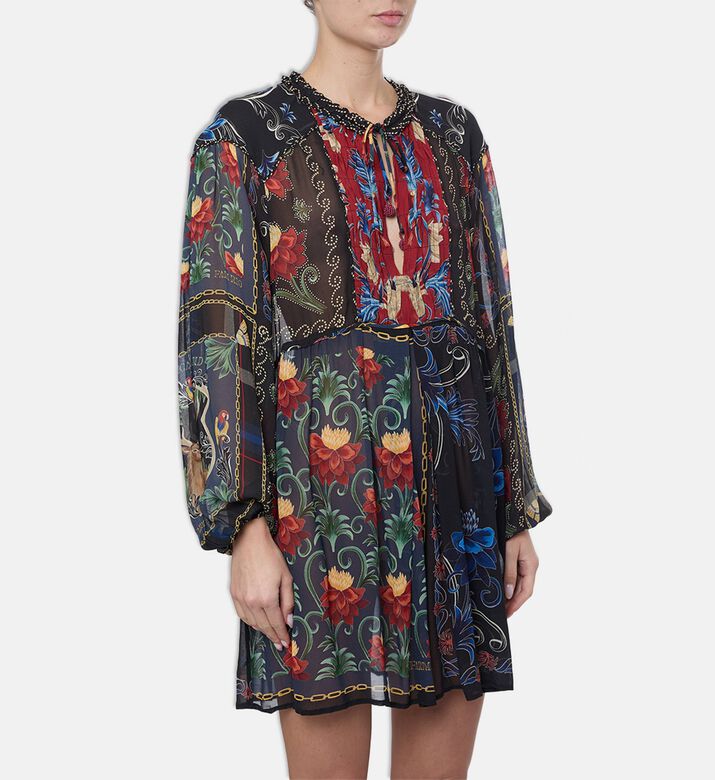 Farm Rio Mixed Arabesque Scarf Back Long-sleeve Mini Dress, Model View