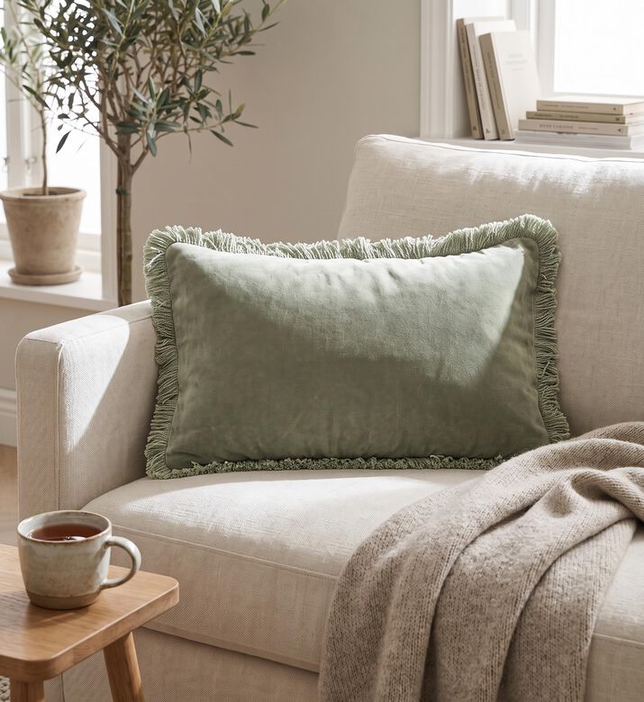 Cozy Marlen Fringes Velvet Cushion, Grey, Packshot View