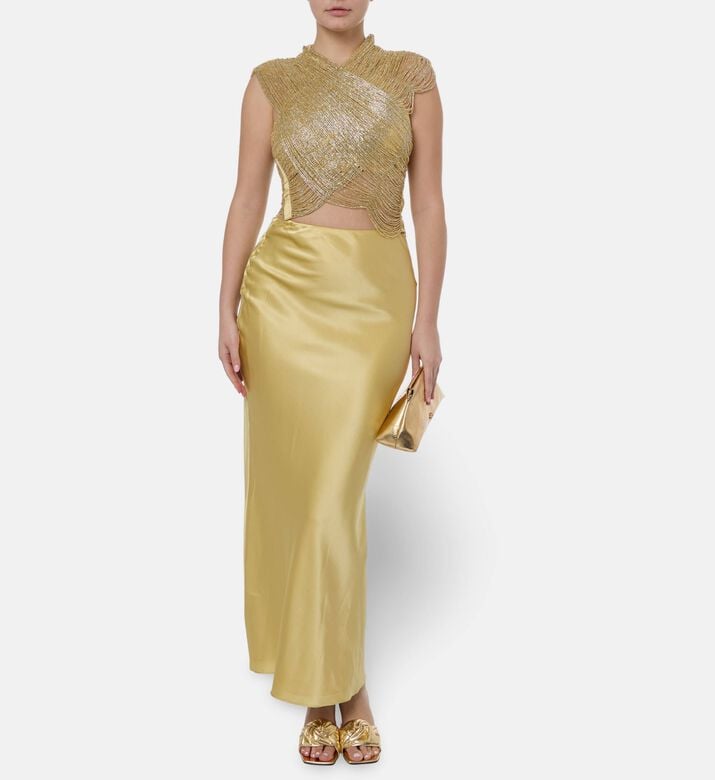 Cult Gaia Satin Midi Slip Skirt, Light-gold, L, Model View