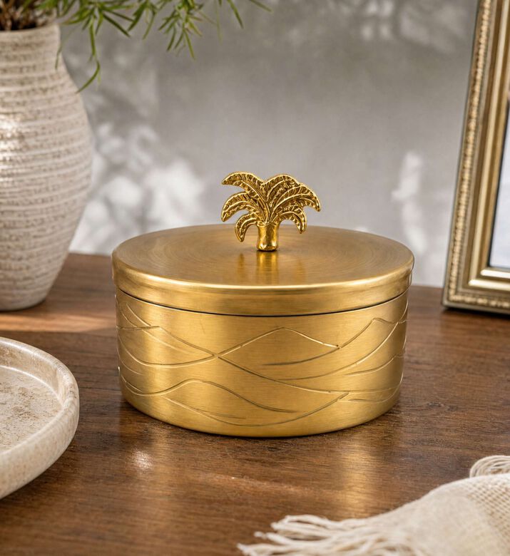 Tohfa Luxe Brass-finish Metal Treasure Box Palm Knob, Model View