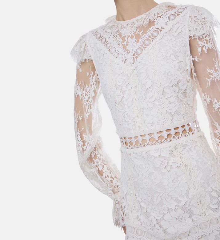 فستان دانتيل شفاف بأكمام طويلة وأساور مكشكشة