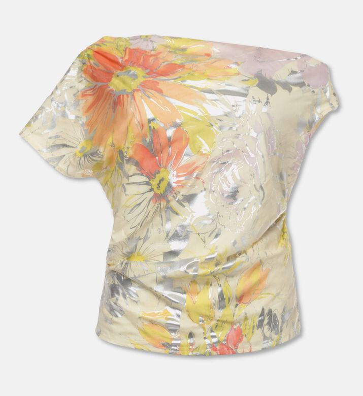 Blue For Burgundy Metallic Floral-print Ruched One-shoulder Top, Packshot View