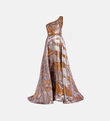 One-shoulder Metallic Pattern Gown