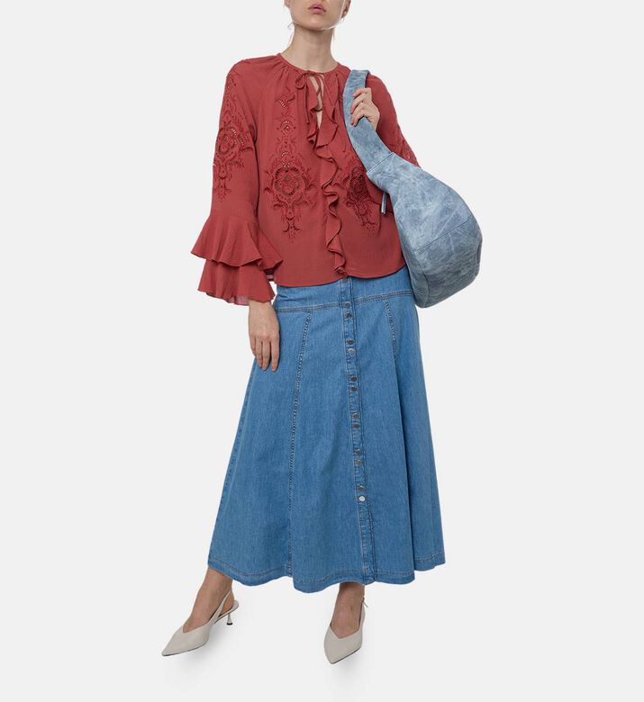 Ba and Sh Floral-embroidery Long-sleeve Blouse, Model View