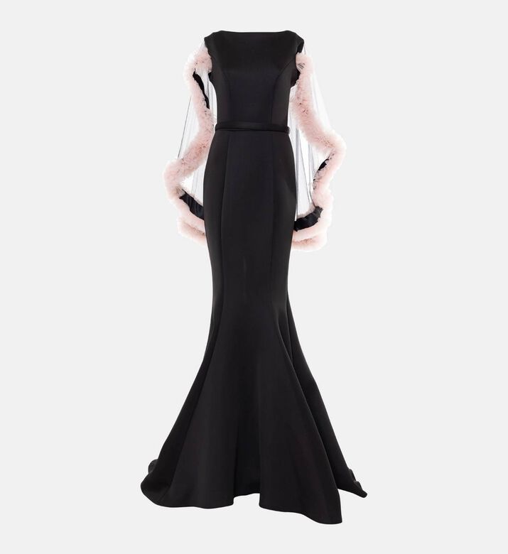 Neoprene Ruffle Cape Mermaid Dress