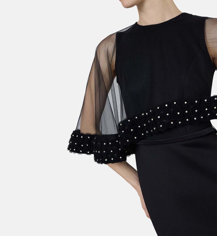 Beaded Sheer Sleeves Flared Dress
